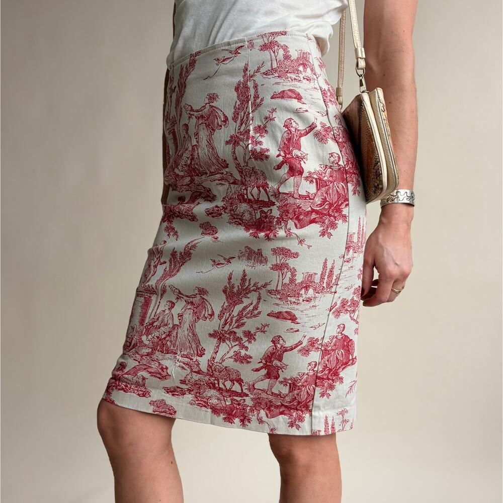 NYC Design Co Red Toile Pencil Skirt - Stretchy Cotton, 90s Vintage, Size 4 - Picture 3 of 8
